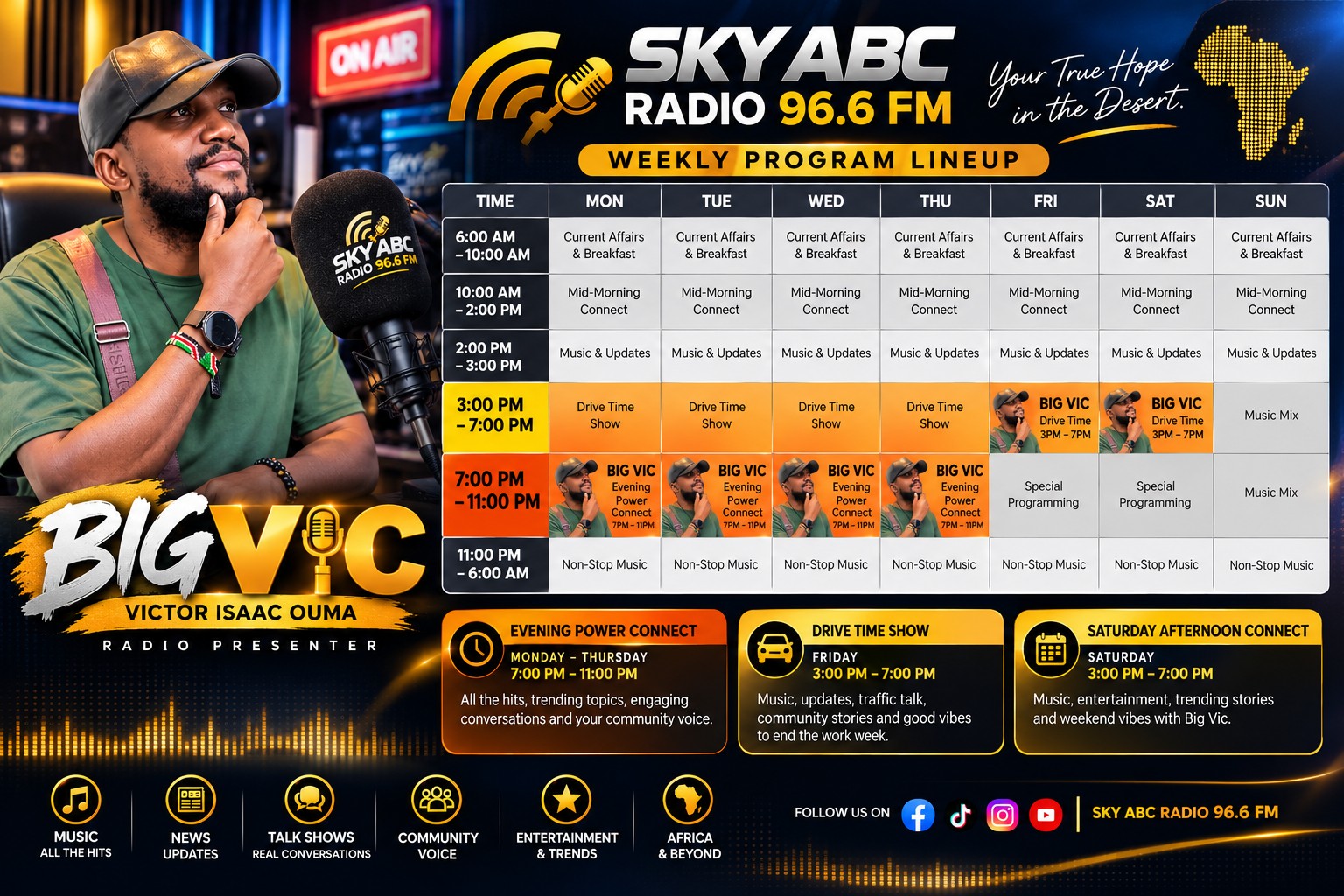 Big Vic, Victor Isaac Ouma: Evening Power Connect Monday to Thursday 7–11 PM; Friday Drive Time 3–7 PM; Saturday Afternoon Connect 3–7 PM. Riyadh time.